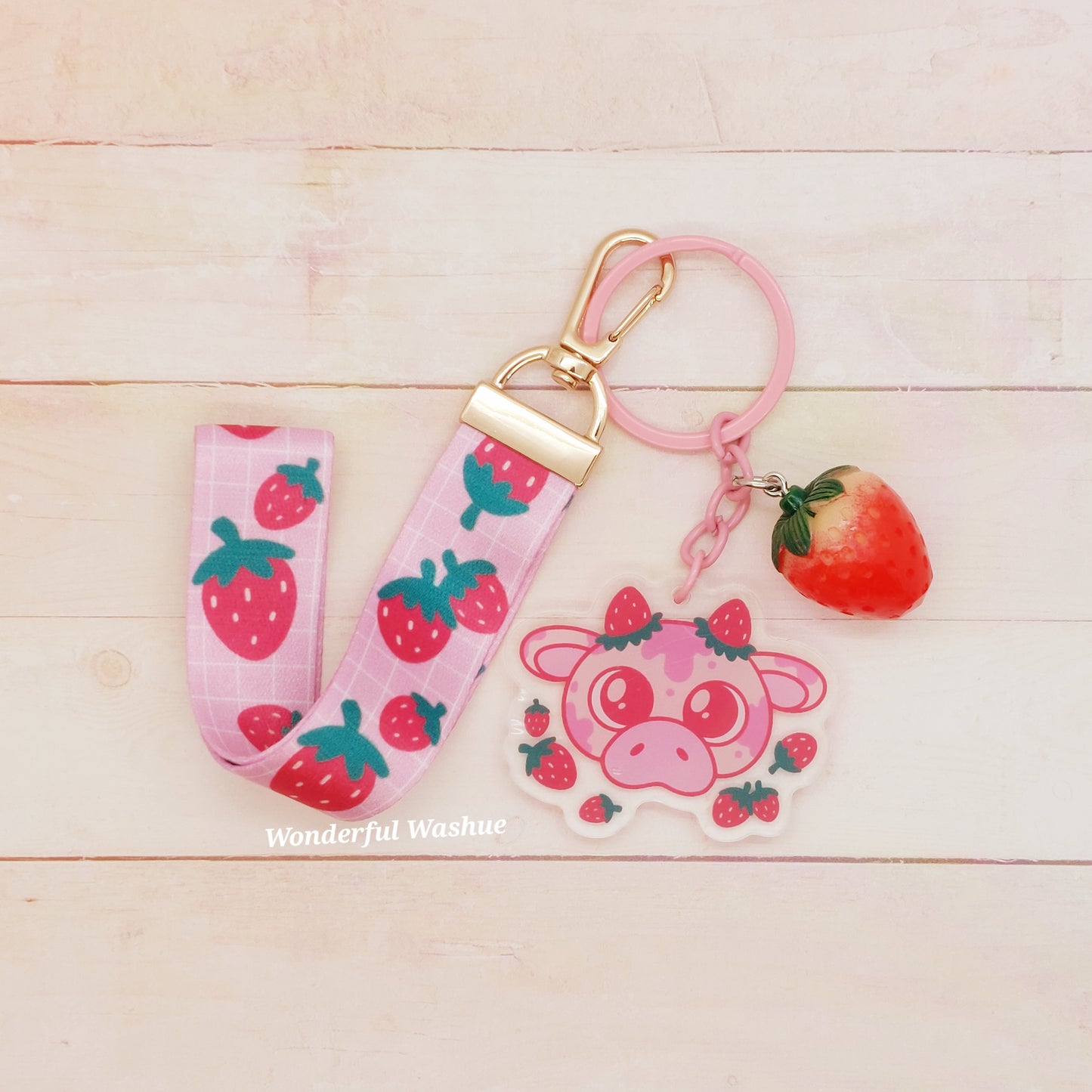 Strawberry Cow Lanyard Keychain